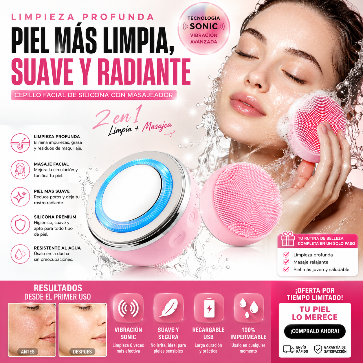 CEPILLO FACIAL DE SILICONA CON MASAJEADO